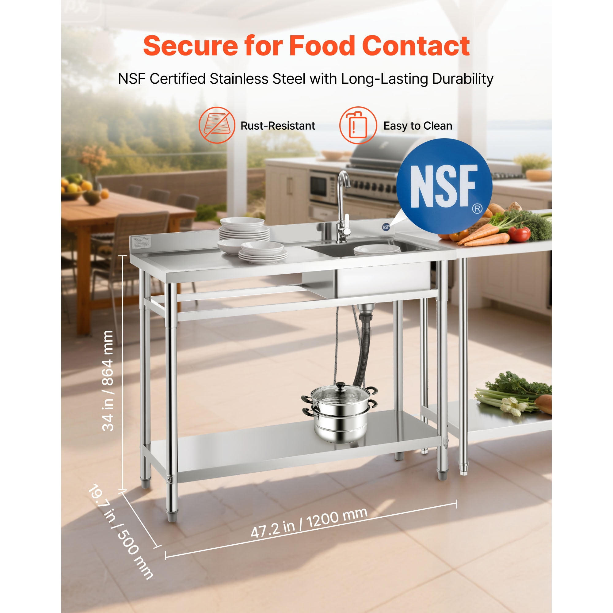 KFFKFF Stainless Steel Utility Sink, Freestanding Single Bowl Commercial Kitchen Sink with Faucet, Left-Side Basin Workbench with Hot and Cold Water Pipes for Garage, Restaurant, or Laundry Use