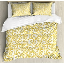Ambesonne Victorian Duvet Cover Set, Swirling Lines Floral, King, Yellow and White