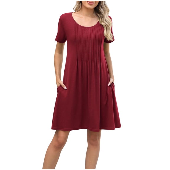 Fashion Sun Dresses for Womens 2026 Summer Plus Size Solid Color Pleated Dress Round Neck Short Sleeved Pockets Dresses Casual Comfortable All Occasion Wear