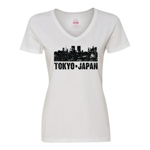 Inktastic Tokyo Japan City Skyline with Grunge Women's V-Neck T-Shirt