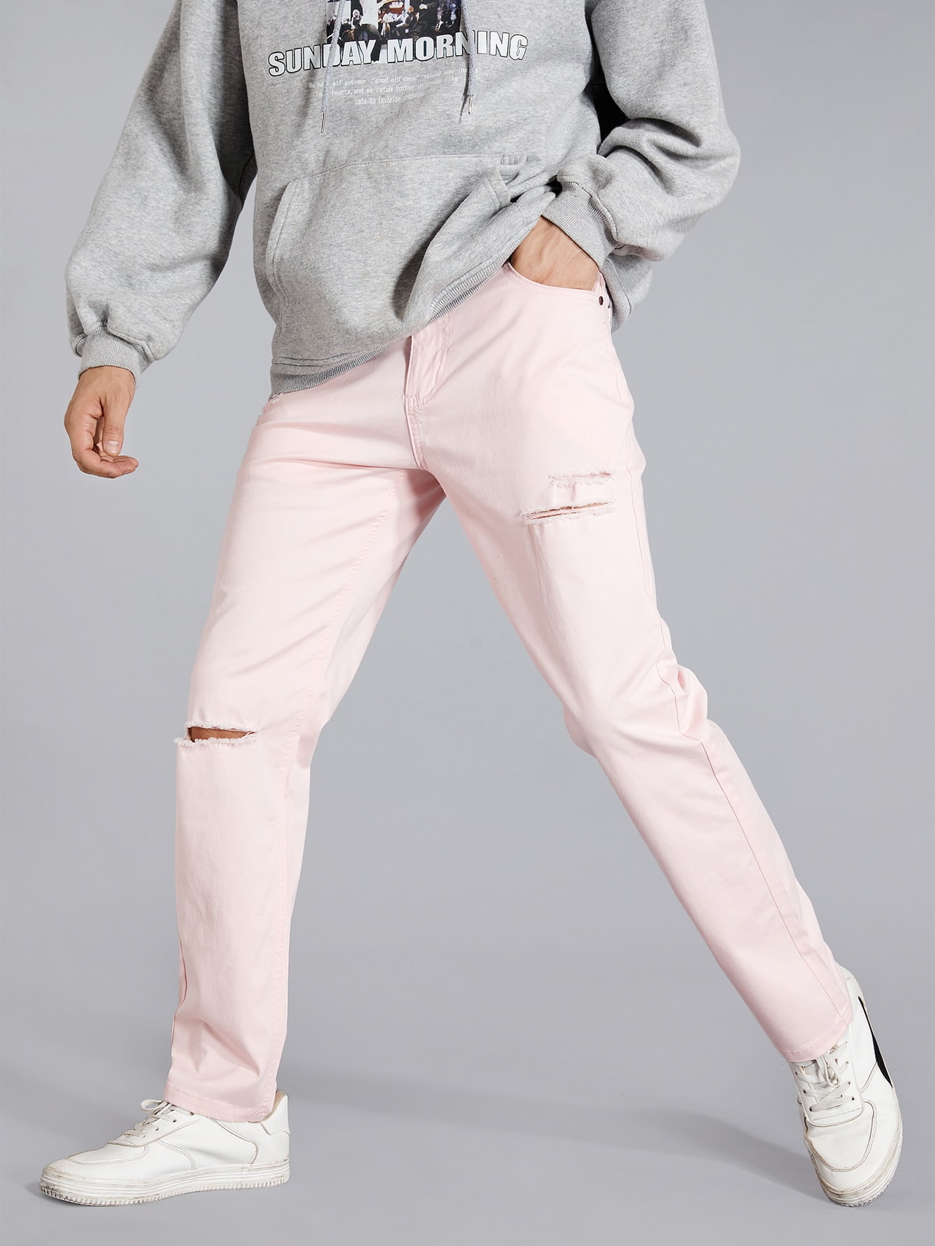 Baby Pink Men Slant Pocket Ripped Jeans 
