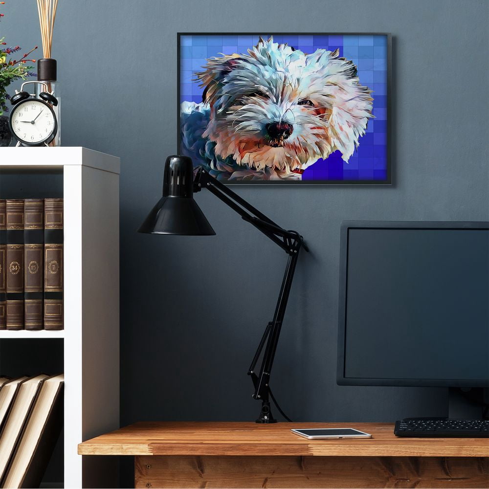 Stupell Industries Colorful Bichon Puppy Over Blue Geometric Pattern Designed by Kim Curinga