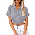 thumbnail image 3 of nerohusy Womens Cropped Button Down Shirt Drawstring Waist Linen Blouses Short Sleeve Casual Loose Summer Shirts,Gray,L, 3 of 7