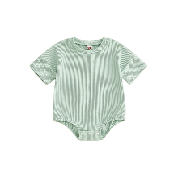 Cenuakty Infant 0-18M Baby Summer Jumpsuit Solid Color Ribbed Short Sleeve Round Neck Romper Cute Bodysuit