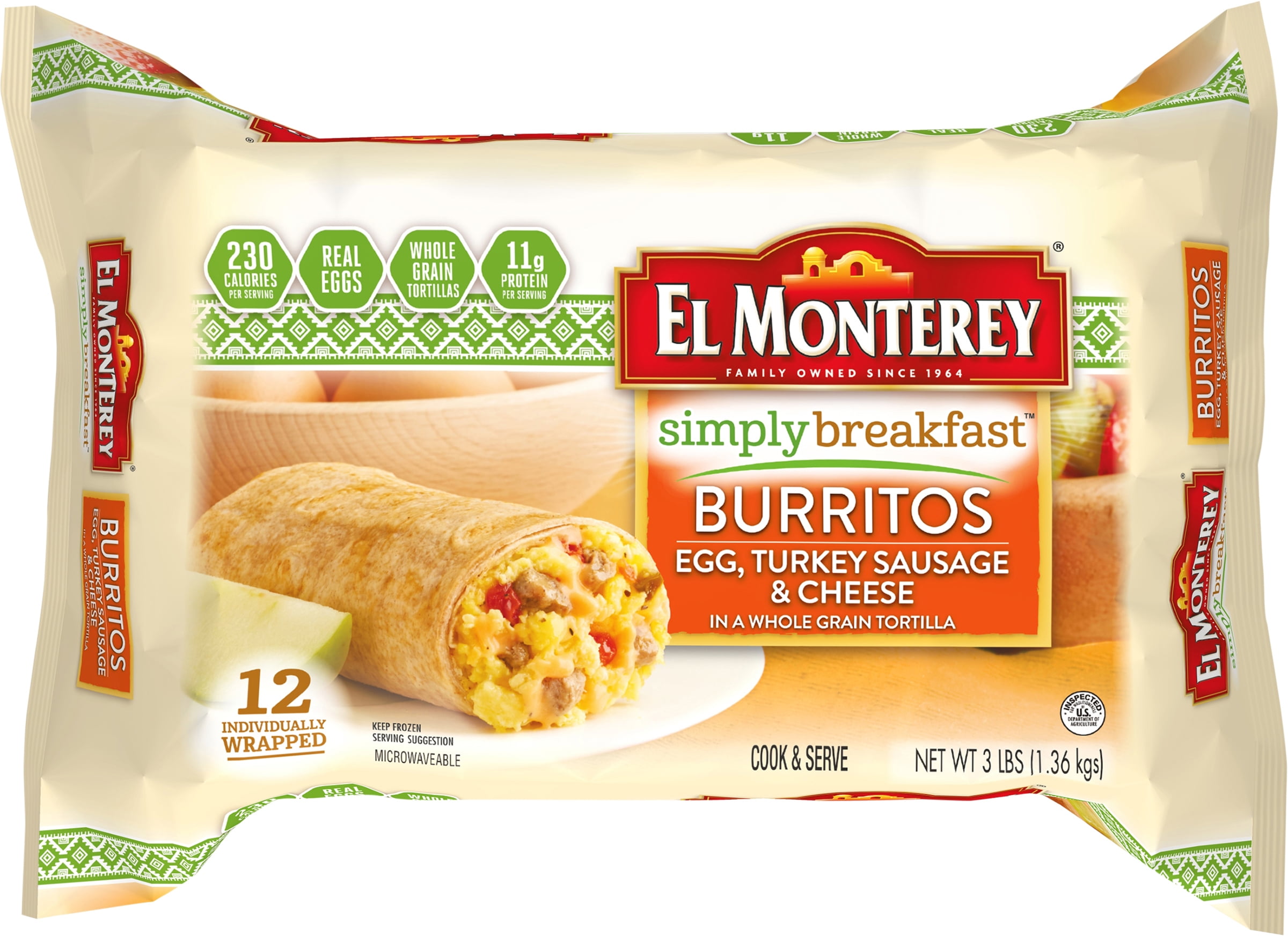 El Monterey Simply Breakfast Egg, Turkey Sausage & Cheese Burritos, 48 oz, 12 Ct (Frozen)