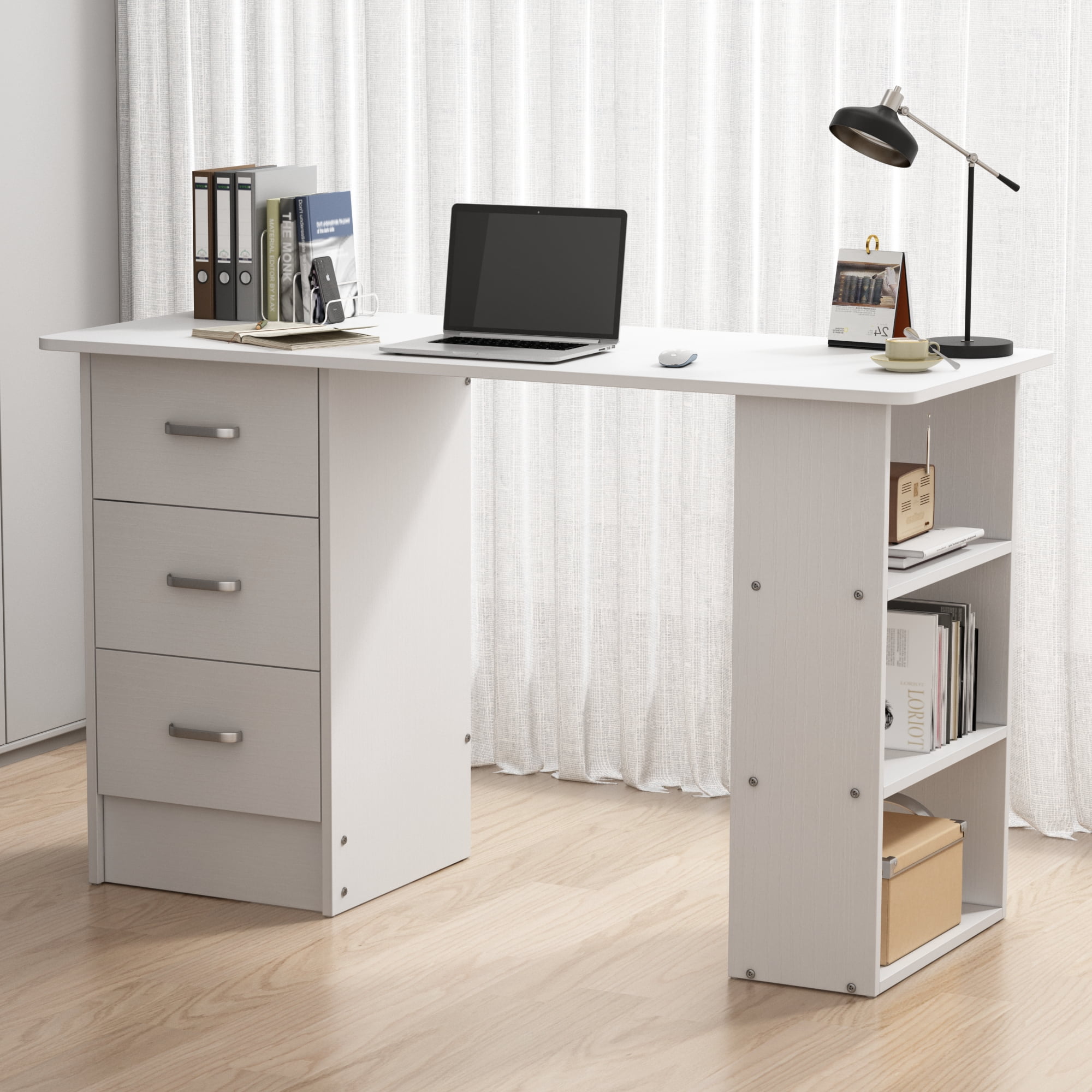 Chnnmbrn Computer Desk With Drawers,Standing Dressing Desk With Storage Racks,Writing Desk for Home Office , Bedroom,Black