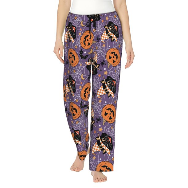 Fotbe Vintage Halloween Black Cat Pantalones de Pijama para Mujer, Pantalones de Dormir, Pantalones Pj con Cordón y Bolsillos-X-Large