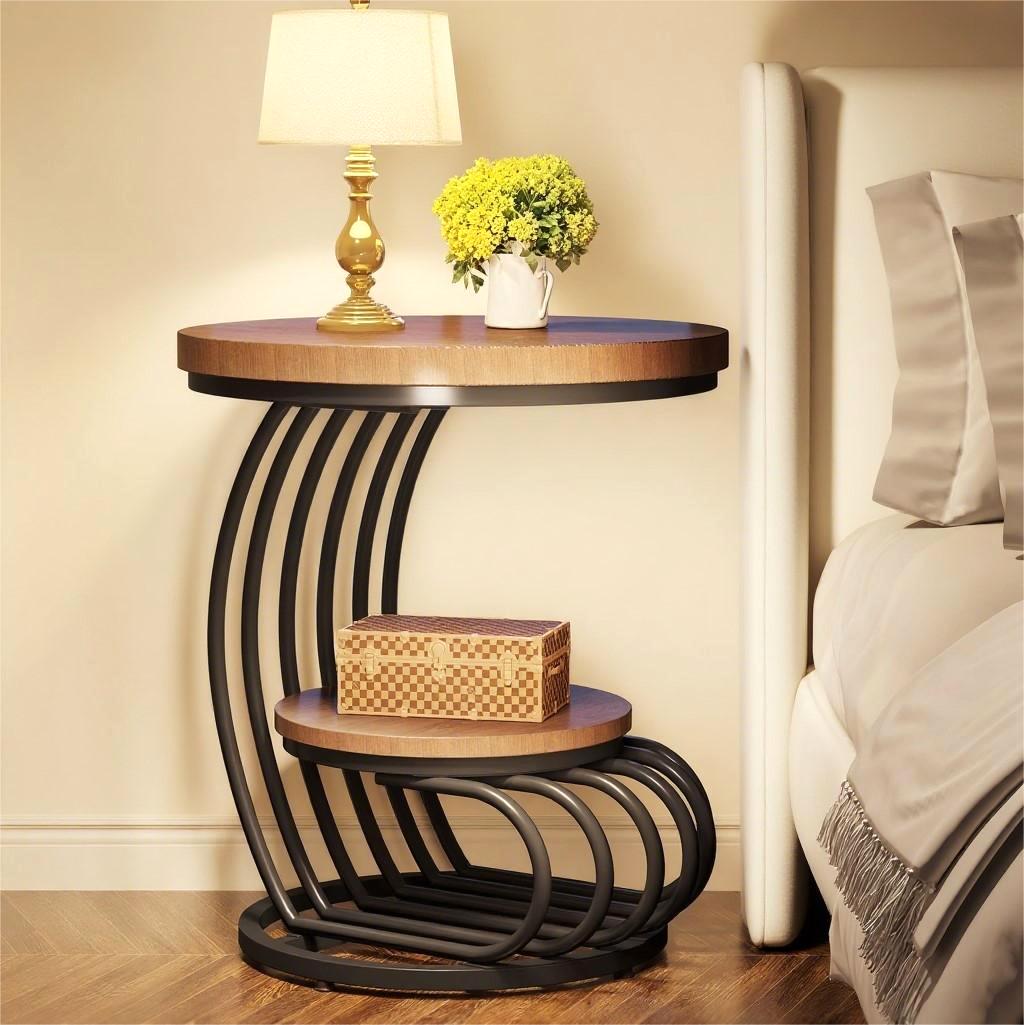 Fnova End Table Modern Wood Narrow Farmhouse Side Tables with Storage Shelf for Living Room, Bedroom, Nightstand