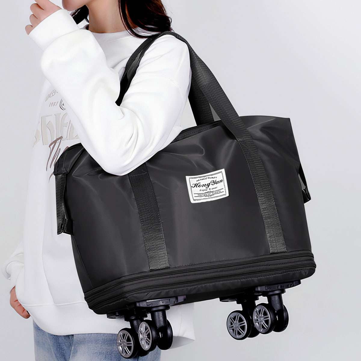 BadPiggies Foldable Travel Duffel Bag, Expandable Suitcase Large Rolling Luggage Carry on Bag for Women & Men - Black