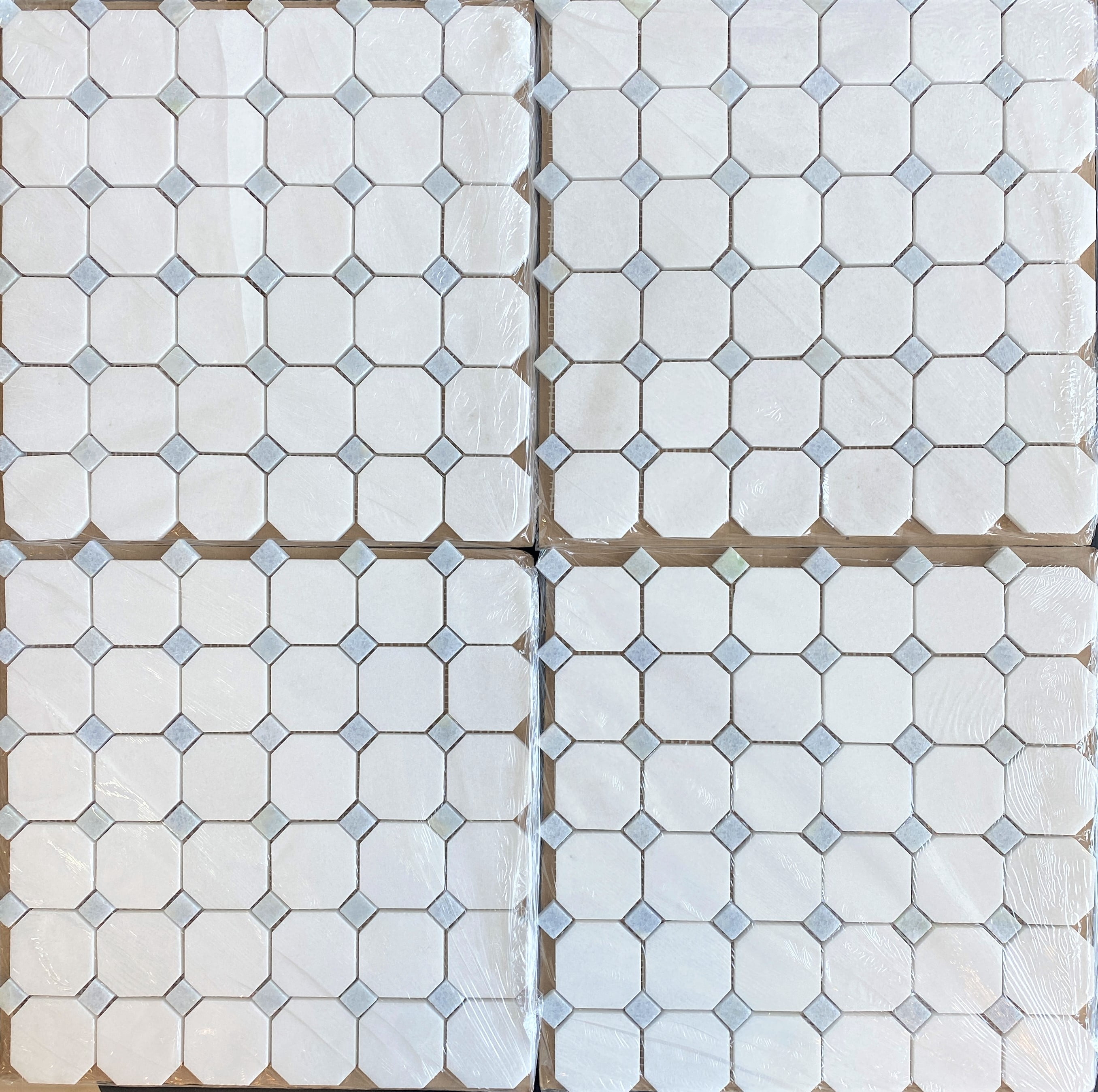 10-Pieces of Thassos White Octagon and Blue Celeste Dot Marble Mosaic Tile