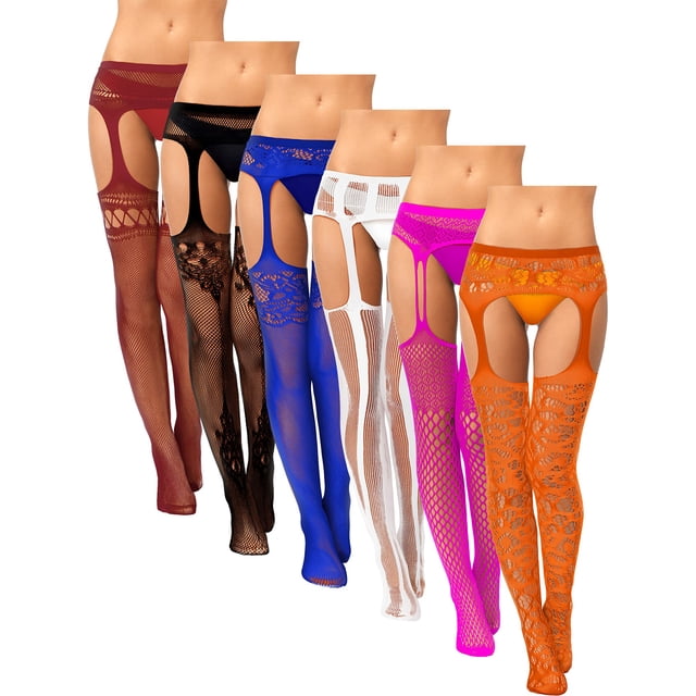medias de red skylety para mujer, talla grande, 6 pares — seis pantimedias de red hasta el muslo con liguero integrado en rojo vino, negro, azul, blanco, fucsia y naranja; vista frontal con cintura alta y bandas elásticas, patrones calados y malla visible, fabricadas en nailon y elastano. Adecuadas para faldas cortas o disfraces; paquete con 6 pares.