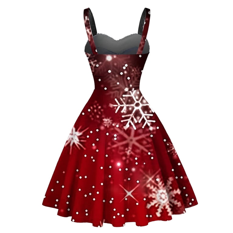 Cavosen Christmas Women Going Out Dress Xmas Cute Snowflake Print Vintage Retro 1950s Midi Dress Sleeveless V-Neck Spaghetti Strap A-Line Dress