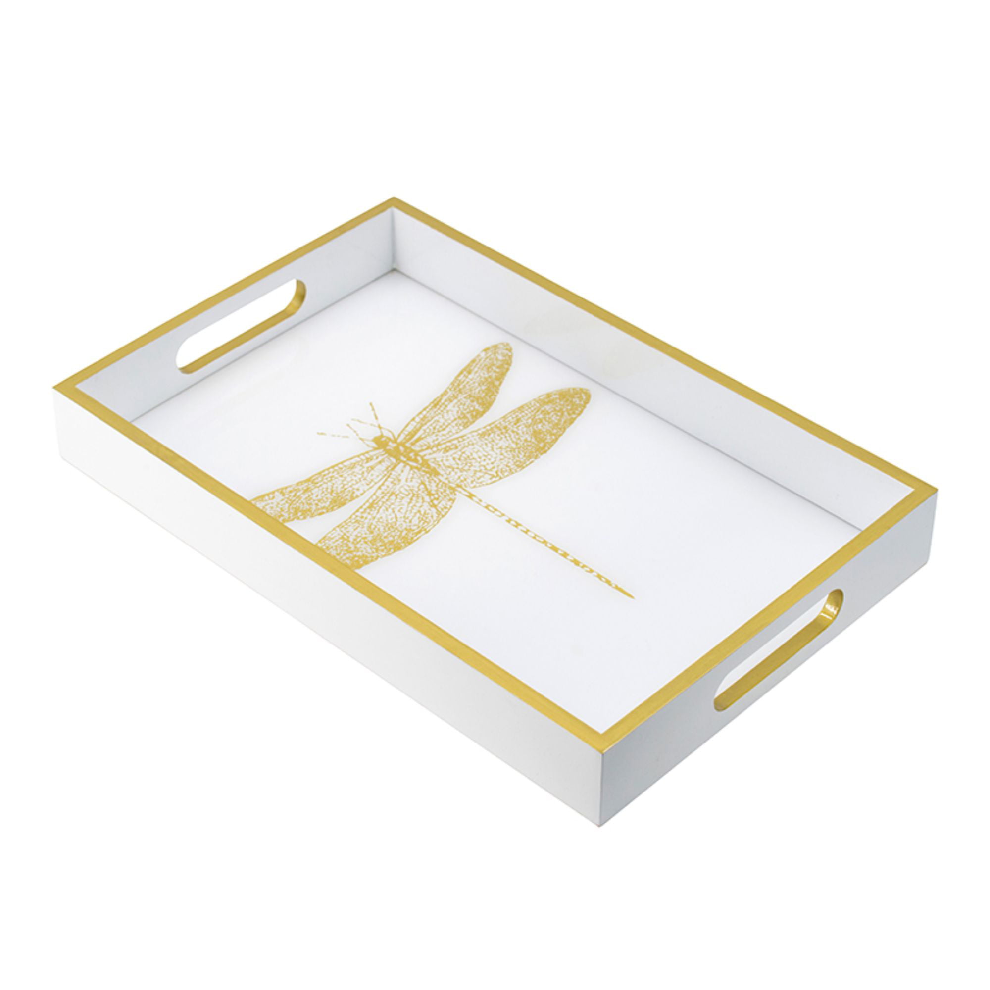 15.5" White and Gold Rectangular Dragonfly Tray with Handles