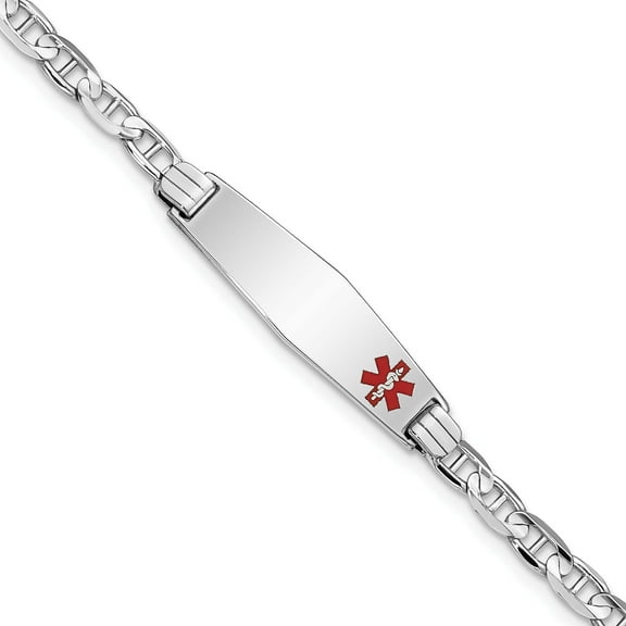 14K White Gold Wg Medical Soft Diamond Shape Red Enamel Anchor Link Id Bracelet (7 X 7.5) Made In United States xm588fcw-7