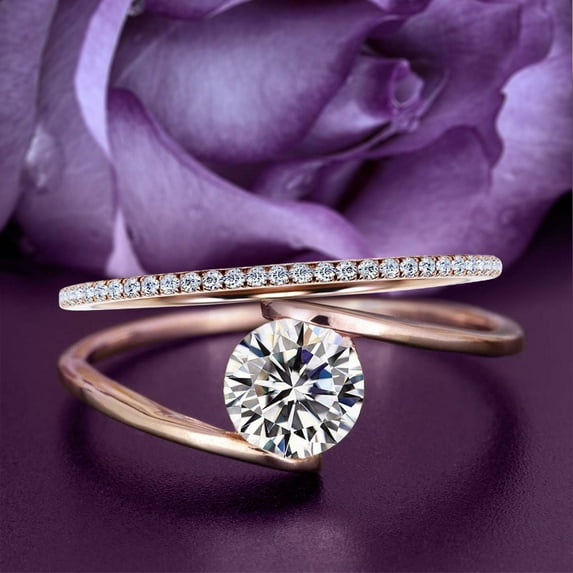 Solitaire 1.50 Carat Round Cut Diamond Moissanite Unique Engagement Ring, One Matching Band Wedding Ring in 925 Sterling Silver With 18k Rose Gold Plating Band, Gift For Her, Promise, Anniversary Ring