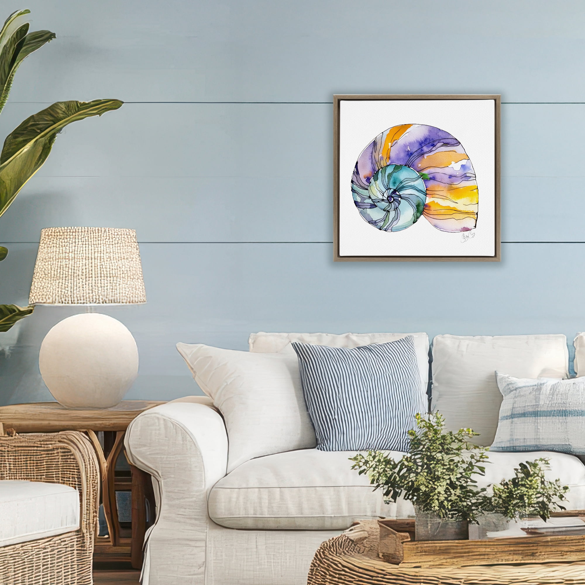 Stupell Industries Sunlit Striped Nautilus Brown Framed Floater Canvas Wall Art, design by Shelly Craig
