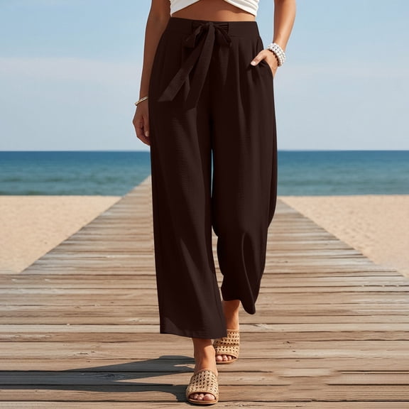 Women's Casual Dress Wide Leg Cropped Pants Solid Tie Waist Loose Flowy Capris with Pocket for Summer Business Brown L