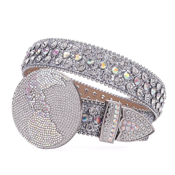 Western Punk Rhinestone Globe Round Buckle Leather Belts For Men Bling Bling Crystal Belt