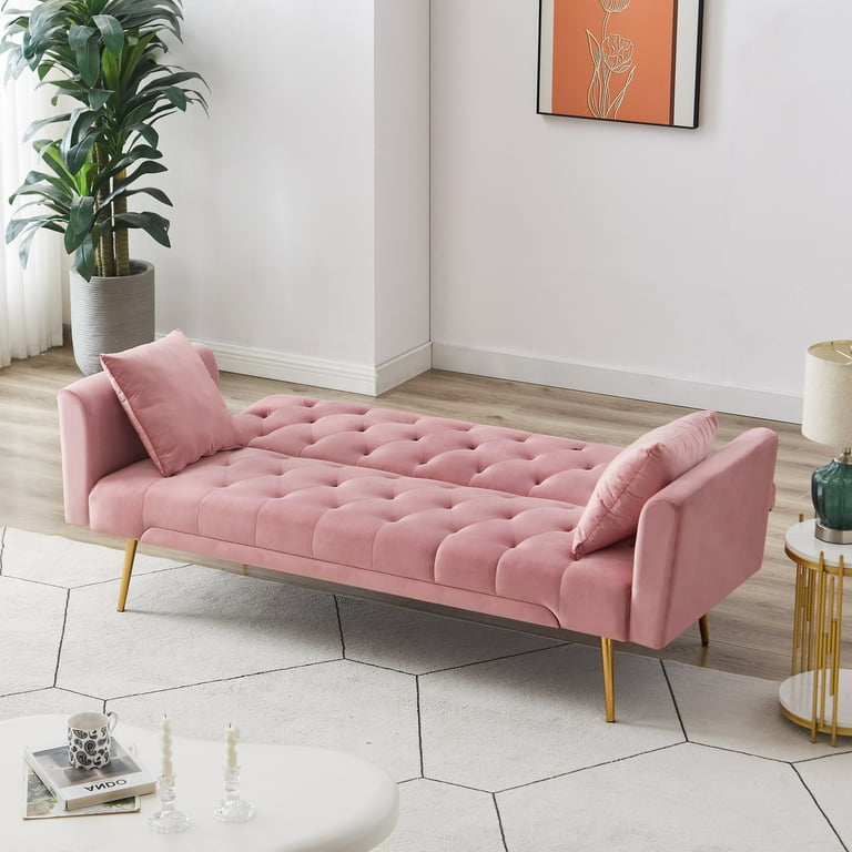 71 Inches Velvet Futon Sofa Bed with 2 Pillows Modern Convertible Futon Couch with 3 Adjustable Backrest Angles and Gold Metal Feet Suitable for