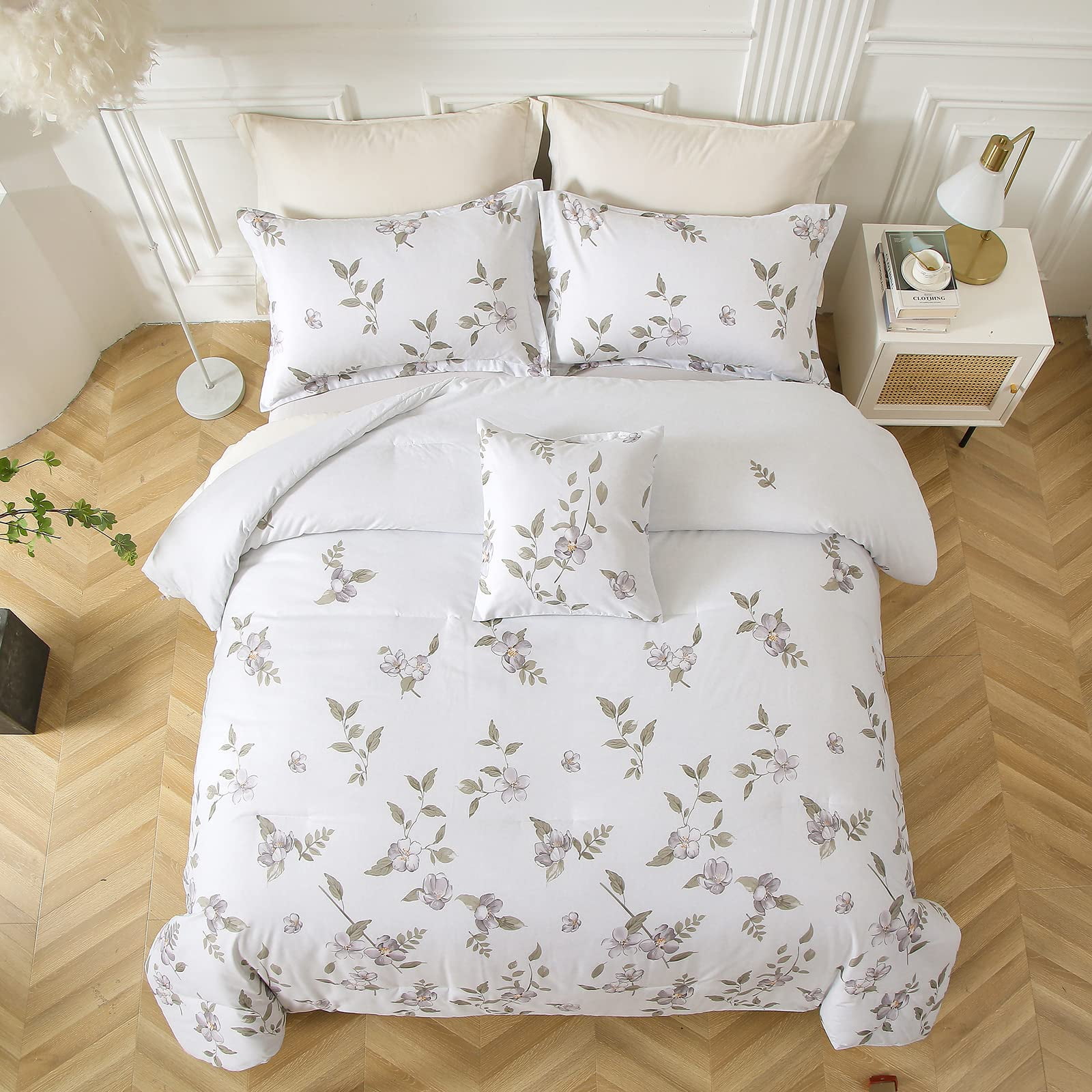 4 Pieces Creamy-White Botanical Comforter Set, Soft Microfiber