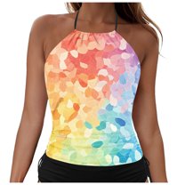 Ramiter Tankini Tops for Women Swimwear Top Only Tummy Control Bathing Suit Top No Bottom Modest Swim Top Light Yellow,2XL