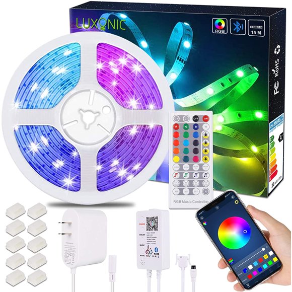 ERDS-15.5M/50.8ft Bluetooth LED Strip Light, Smart RGB LED Light Strip with Bluetooth APP Control, Music Sync Flexible RGB Color Changing LED Light with 40-Key IR Remote for Home Decoration