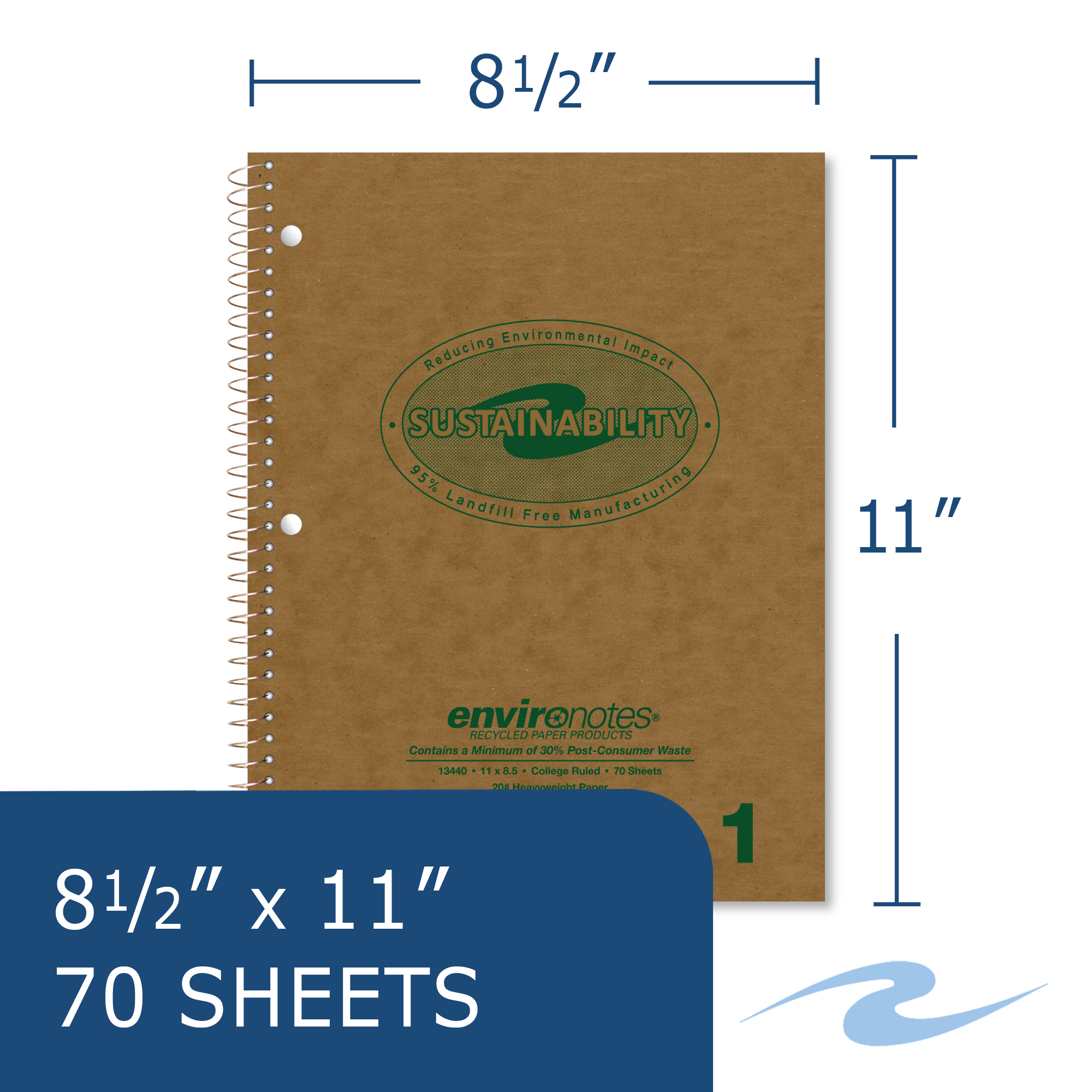Roaring Spring Recycled Spiral One Subject Notebooks, 11"x8.5", 70 Sheets, College Ruled, Proudly Made in USA, 3 Hole Punched, 24 Notebooks