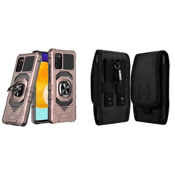Case with Belt Holster Bundle for Samsung Galaxy A03s: Heavy Duty Series Protection Cover (Rose Gold) and Vertical Rugged Nylon Phone Pouch