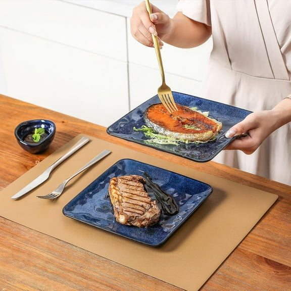 Ceramic Square Plates Set of 6 - Large Porcelain 10 inch Dinner Plates for Steak Pasta Pizza - Microwave Oven and Dishwasher Safe - Blue