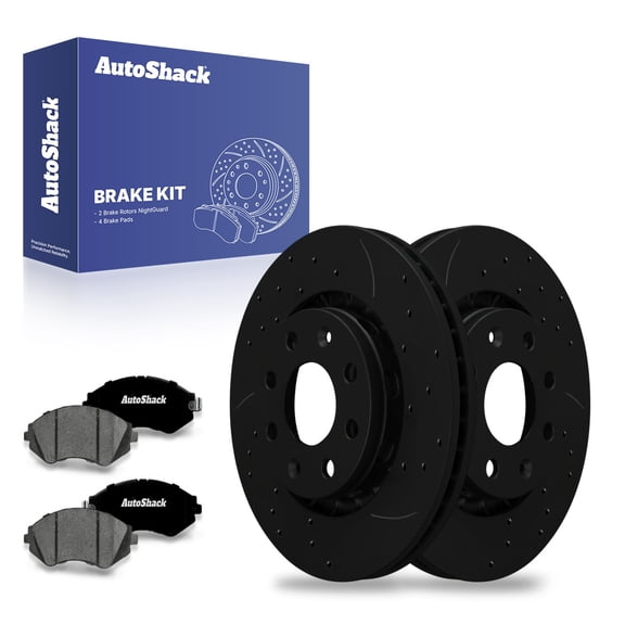 AutoShack 10.07" (255.9 mm) Front Vented Drilled & Slotted Brake Rotors E-Coated   Premium Ceramic Brake Pads | Replacement for 2013-2015 Chevrolet Spark | Black Finish | 6-PC Brake Kit | NightGuard
