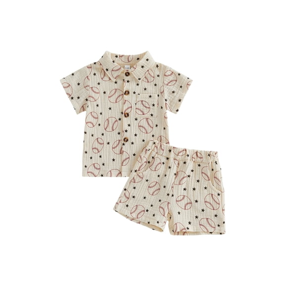 BemeyourBBs Toddler Baby Boy Summer Cotton Linen Clothes Cute Infant Boy Baseball Outfit Print Button Down Turn Down Neck Short Sleeve Shirt and Shorts 2 Pcs Set