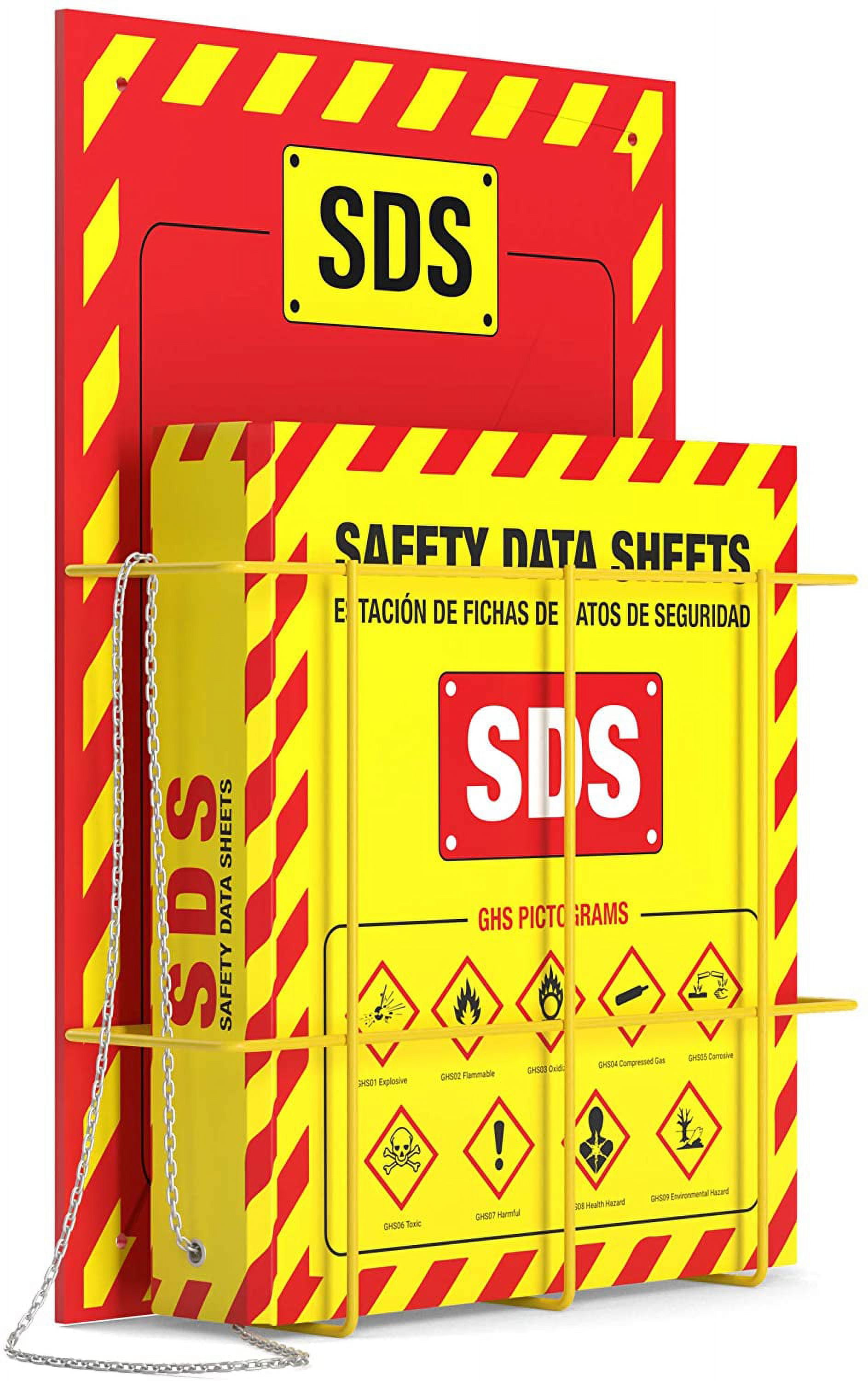 Pack of 10 MSDS Wall Station - 3 Inch 3 Ring Material Safety Data Sheet Binder with SDS Wire Rack and Display Sign, Chain, Mounting Hardware, SDS Poster, MSDS Labels - Heavy Duty OSHA Yellow Binder
