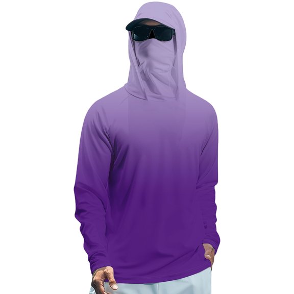 Domuza Mens Upf 50 Sun Protection Hoodie Shirts Long Sleeve Gradient Color T Shirts Summer 2026 Outdoor Running Fishing Spf Rash Guard Tops with Mask Purple S