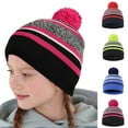 thumbnail image 6 of Xfvqtps Child Beanie Knit Crochet Fuzzy Pompom Plush Lining Stripe Stretch Windproof Coldproof Warm Outdoor Versatile Thickened Soft Winter Skull Cap for 4-10 Years Red, 6 of 7