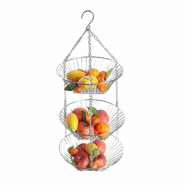 Cesta de frutas colgante de cocina de 3 niveles, alambre de hierro, organizador de almacenamiento de frutas y verduras, cesta colgante para interiores y exteriores
