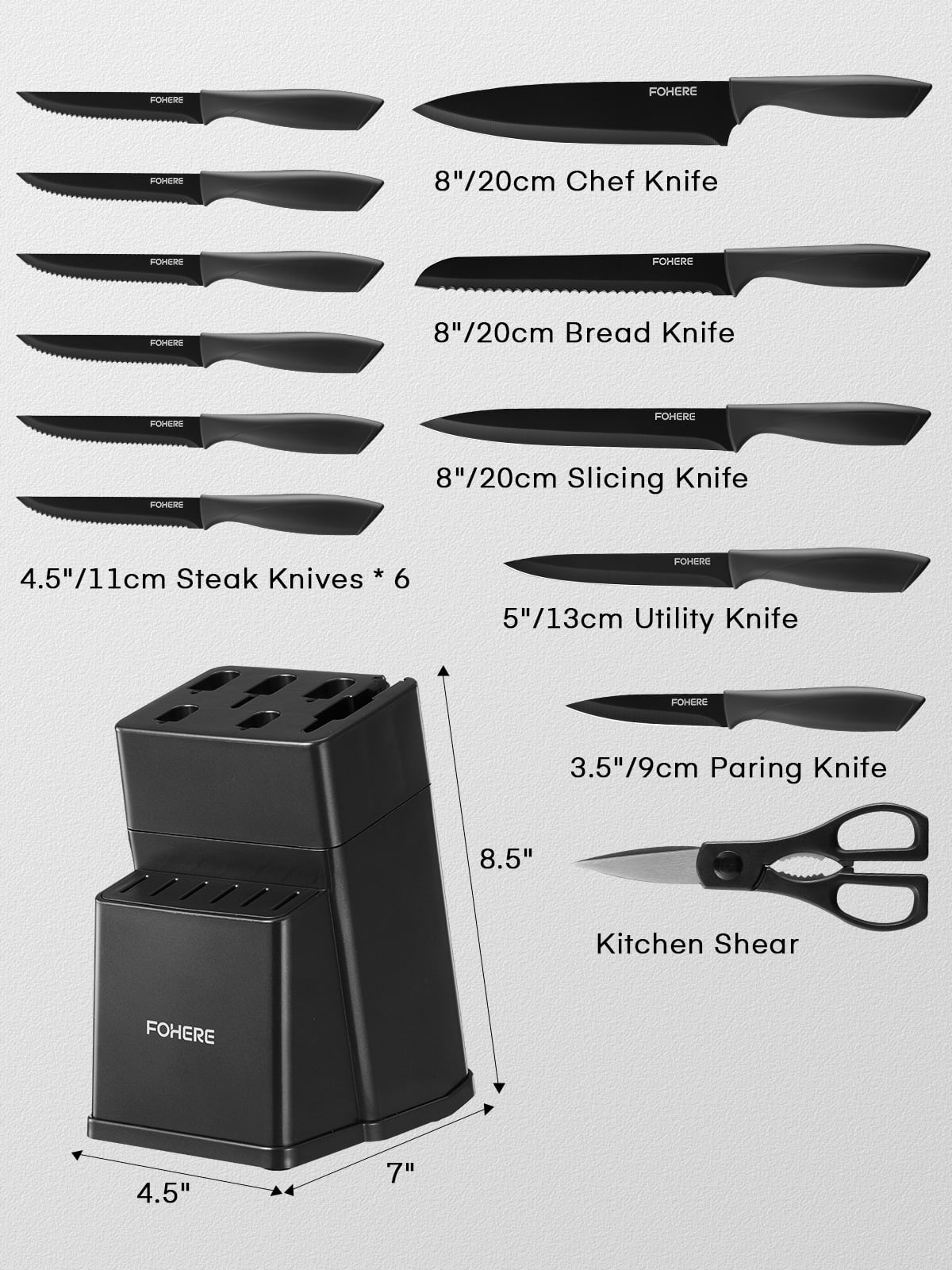 FOHERE Knife Set, 13 Pieces Self Sharpening Stainless Steel Kitchen Knife Set, Matte Gray