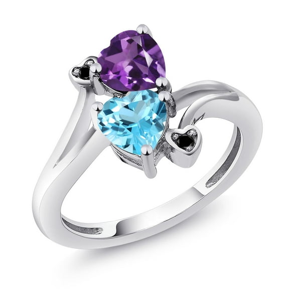 Gem Stone King 1.63 Cttw Purple Amethyst Swiss Blue Topaz and Black Diamond Ring for Women | 925 Silver | Heart Shape 6MM | Gemstone Birthstone | Wedding Engagement Anniversary Promise Ring | Size 8