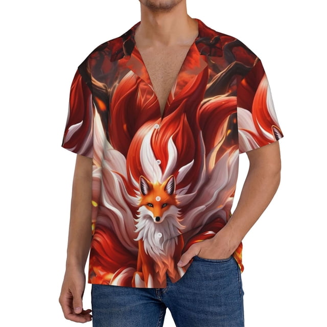 Fotbe Red Leaf Flame Fox Camisa Estampada de Manga Corta para Hombre, Casual de Verano, Estilo Playero, Sin Arrugas-XX-Large