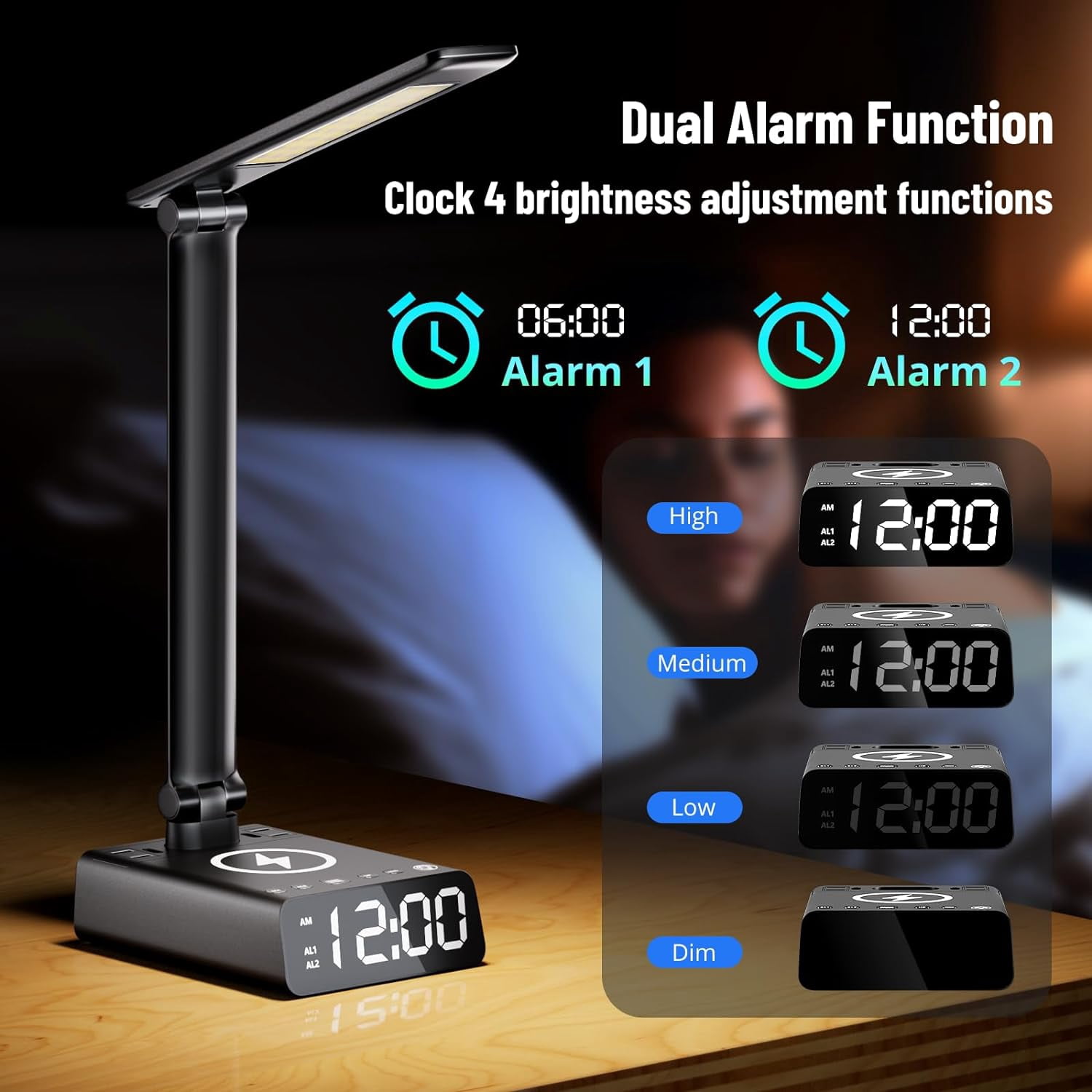 Desk Reading Lamp - 3 Adjustable Brightness Levels with USB C and A Ports - Black Alarm Clock Bedside Lamp with Wireless Charging for Reading Lighting