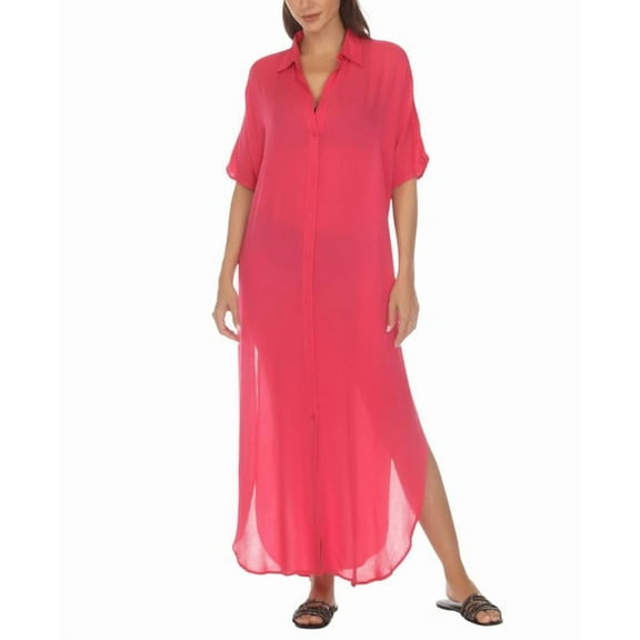 Raviya Women's Button-Down Maxi Dress Cover-Up (Raspberry, Medium)