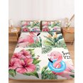 thumbnail image 2 of Full Size Fitted Sheet Set - Pink Flamingos 3 Piece Bedding Sets 16" Deep Pocket Fitted Sheet with 2 Pillowcases Summer Palm Leaf Tropical Botanical Brushed Microfiber Hotel Luxury Bed Sheets, 2 of 9