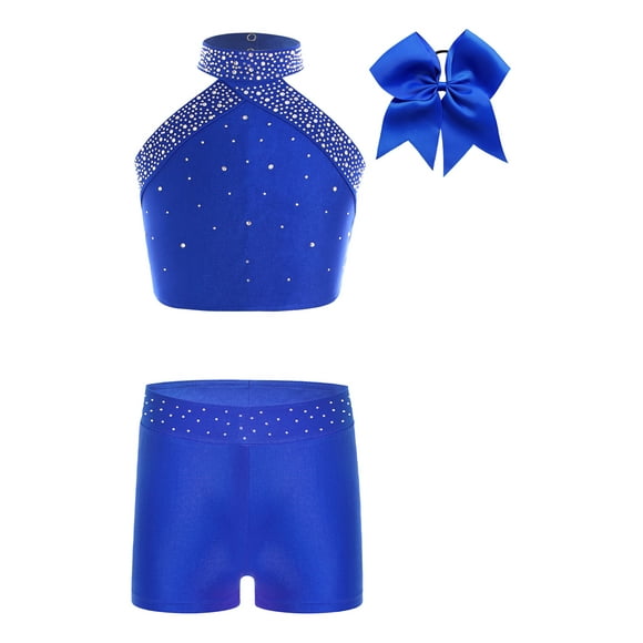 Kaerm Ensemble d'Entraînement de Patinage Artistique et de Gymnastique pour Filles, Hauts Courts de Danse à Col Licou avec Shorts et Couvre-Chef, Survêtement Bleu 14