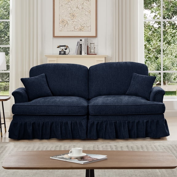 Elegant Mid Century Blue Chenille 2-Seater Sofa Couch | Reversible Ruffle Skirts & Spindle Legs | Comfy Love Seat for Living Rooms