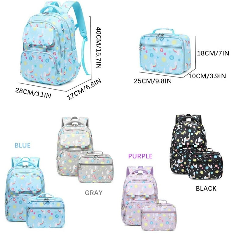 School Backpack for Girls,Cute Rainbow-Print Backpacks with Lunch Box,Kids  School Bag BookBags for Elementary Preschool(Purple)