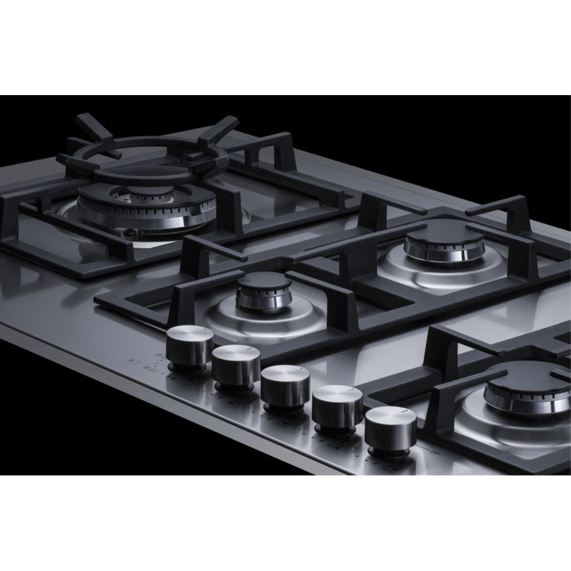 5-burner gas cooktop made in Italy in stainless steel with 36" wide SS trim kit, sealed dual flame burner, cast iron grates, and wok stand