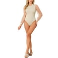 thumbnail image 2 of INSPIRE CHIC Women's Mock Neck Bodysuit Elegant Polka Dot Long Mesh Sheer Sleeve Slim Fit Bodysuits L Khaki, 2 of 6