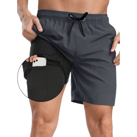 Hanerdun Mens 2 in 1 Dry Fit Workout Shorts with Liner and 5 Pockets Gray M
