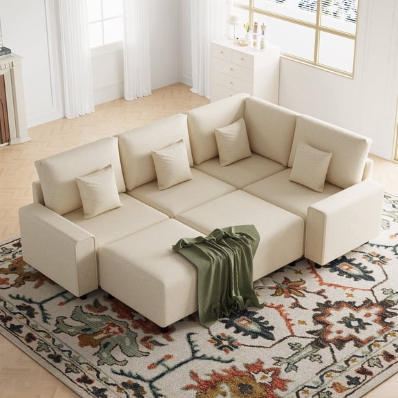 Advwin 4-Seater Oversized Corduroy Sectional Sofa with 2 Ottomans, Comfy U-Shaped Cloud Modular Couch with Extra-Deep Seating & Removable Covers, Convertible Sleeper Sofa for Living Room, Beige
