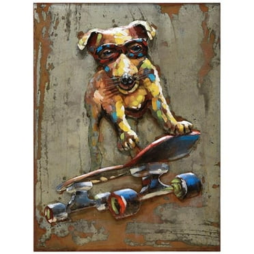 Empire Art Direct Empire Art"Dog on skateboard"Primo Mixed Media Hand Painted Iron Wall Sculpture