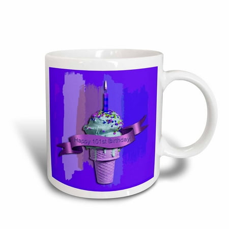 3dRose Happy 101st Birthday, Strawberry Ice Cream Cone on Abstract, Purple, Ceramic Mug,